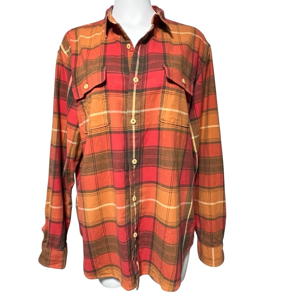 Lucky Brand Flannel Shirt Mens XL Orange Plaid Fall Leaves Colors Bonfire